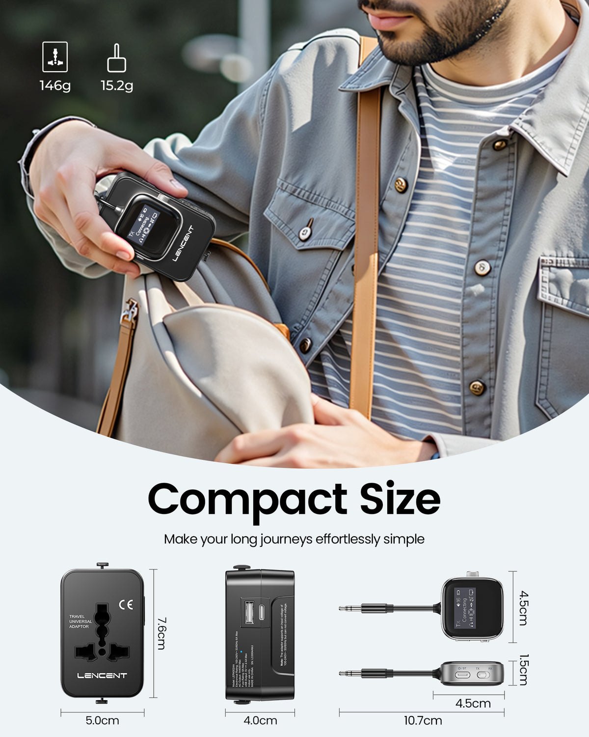 LENCENT Airplane Adapter Bluetooth 5.3 Transmitter & Receiver + Universal Travel Power Adapter with USB-A USB-C Port