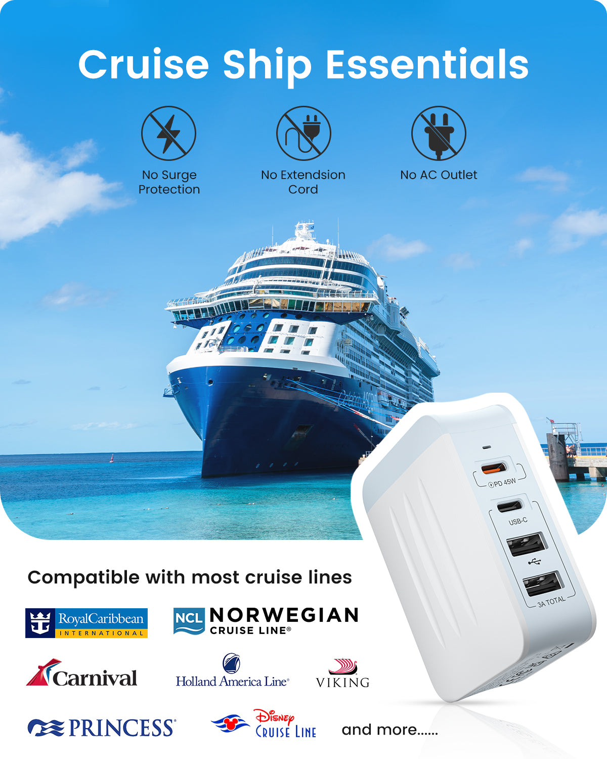 LENCENT PA053 45W USB C Non Surge Cruise Approved Charger for Royal Caribbean