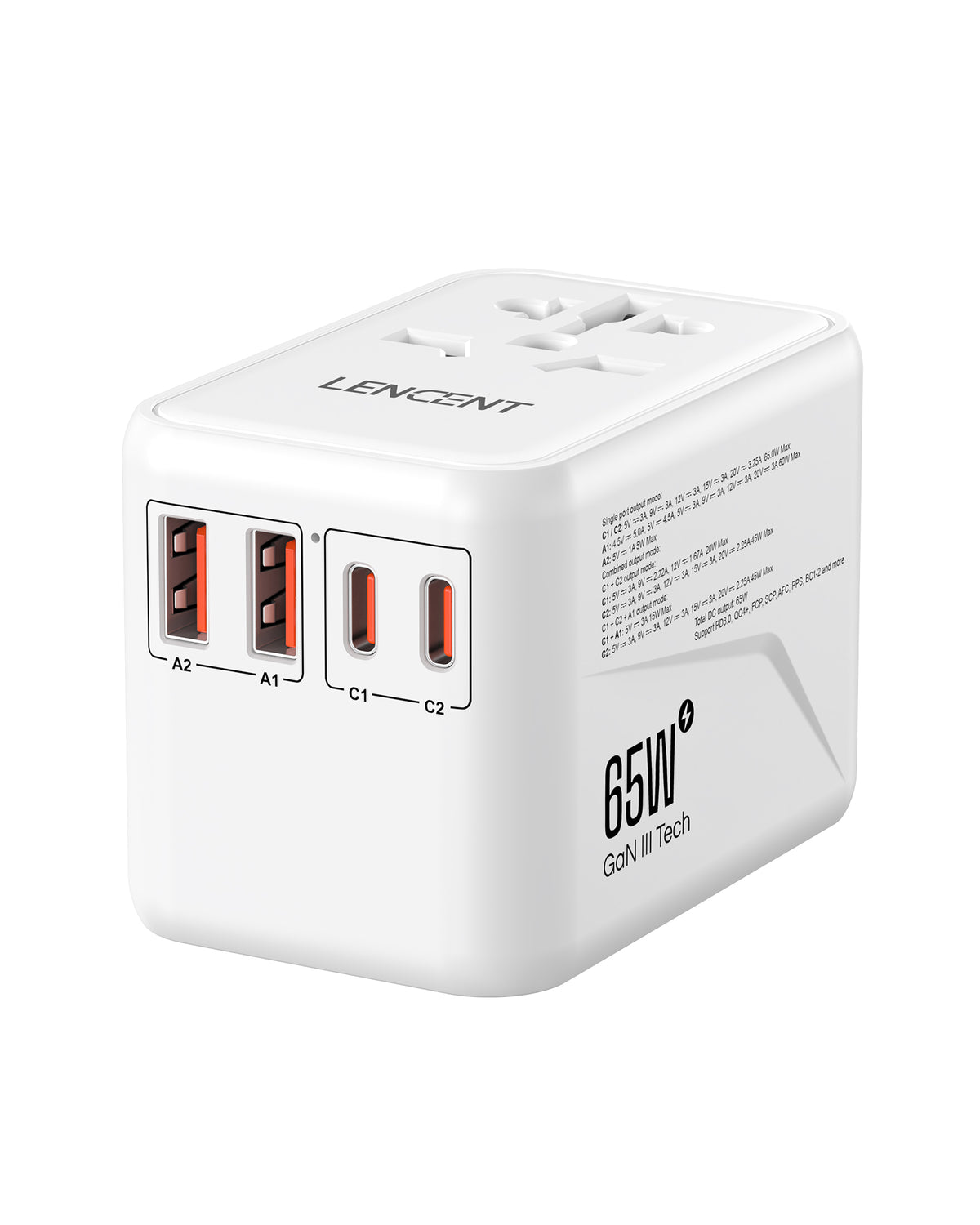 LENCENT Universal Travel Adapter, GaN3 PA048W QD65W International Charger