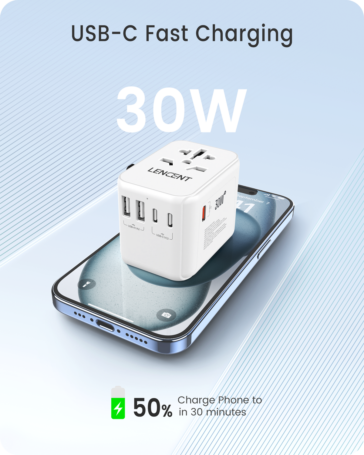LENCENT PA048W 30W Universal Travel Adapter, Universal Charger with 2 USB Ports