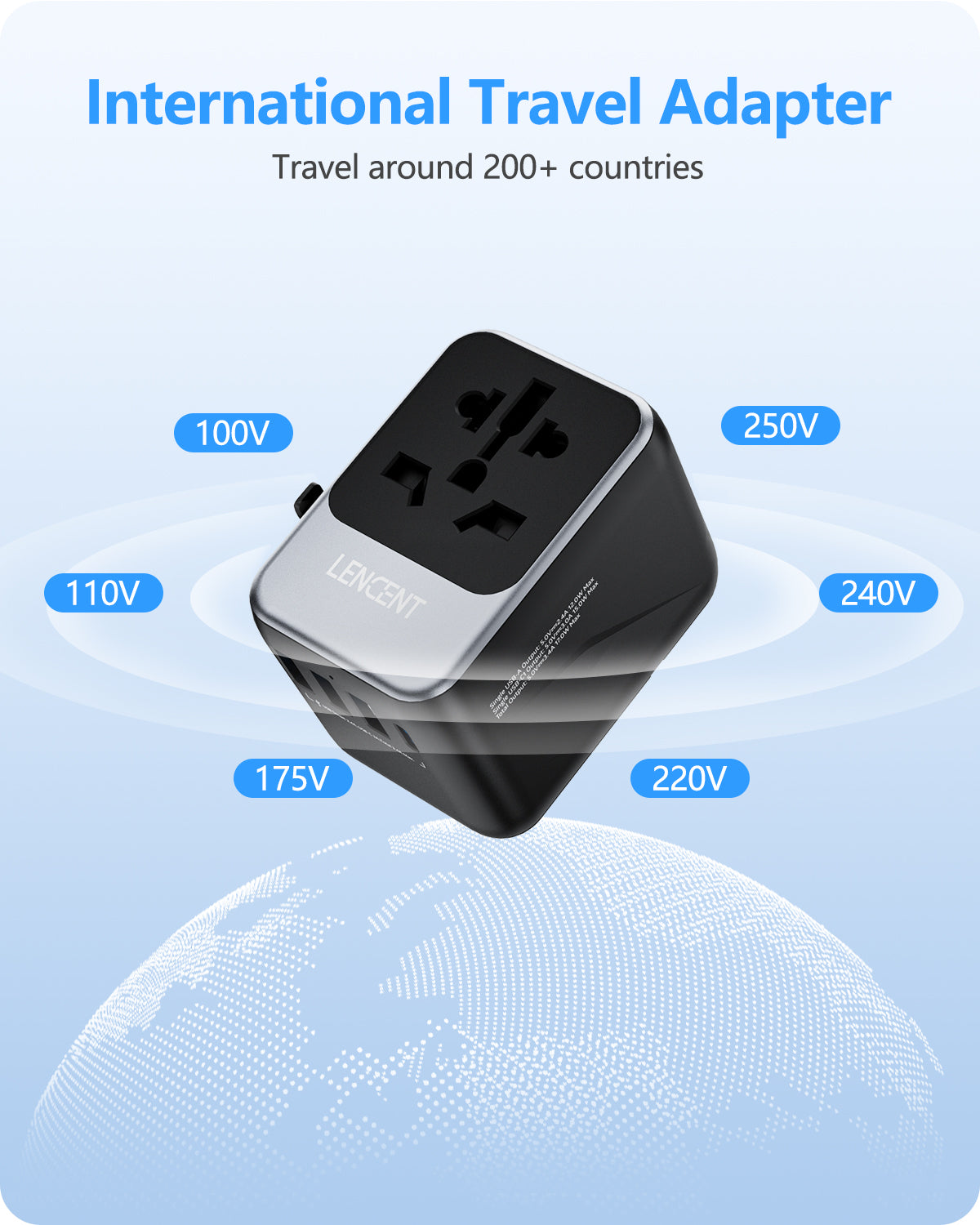 LENCENT PA048GR-C3U Universal Travel Adapter, International Plug Adapter