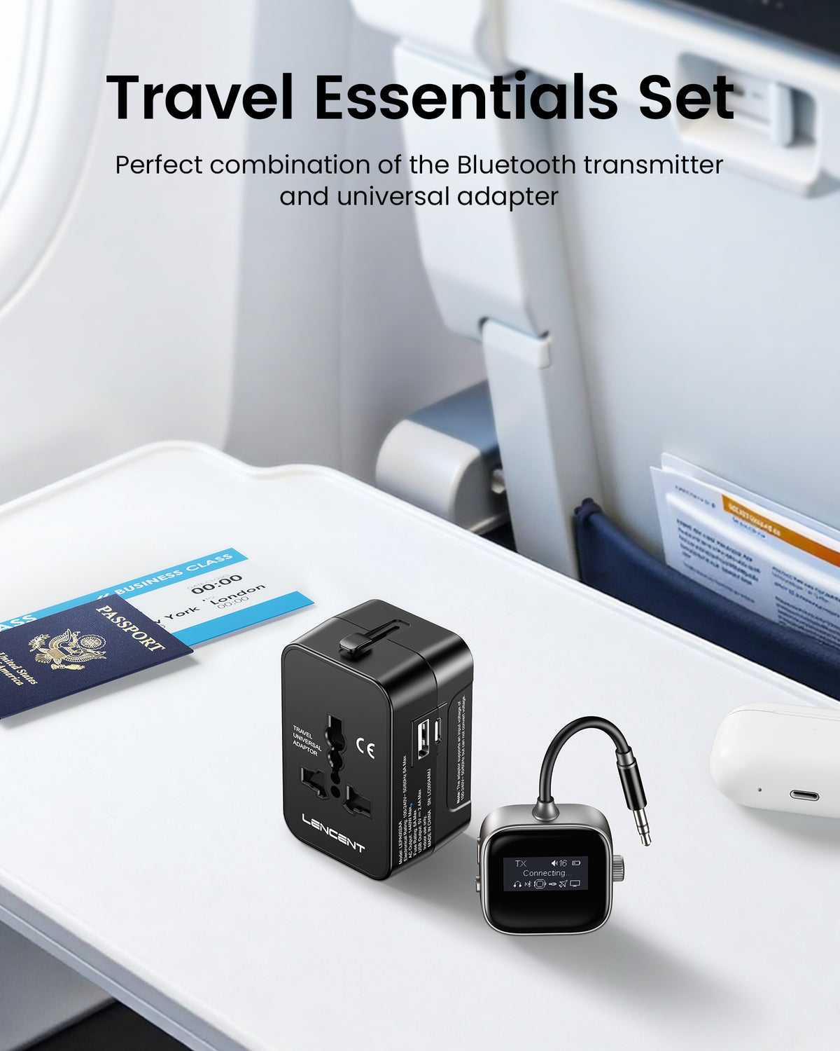 LENCENT Airplane Adapter Bluetooth 5.3 Transmitter & Receiver + Universal Travel Power Adapter with USB-A USB-C Port