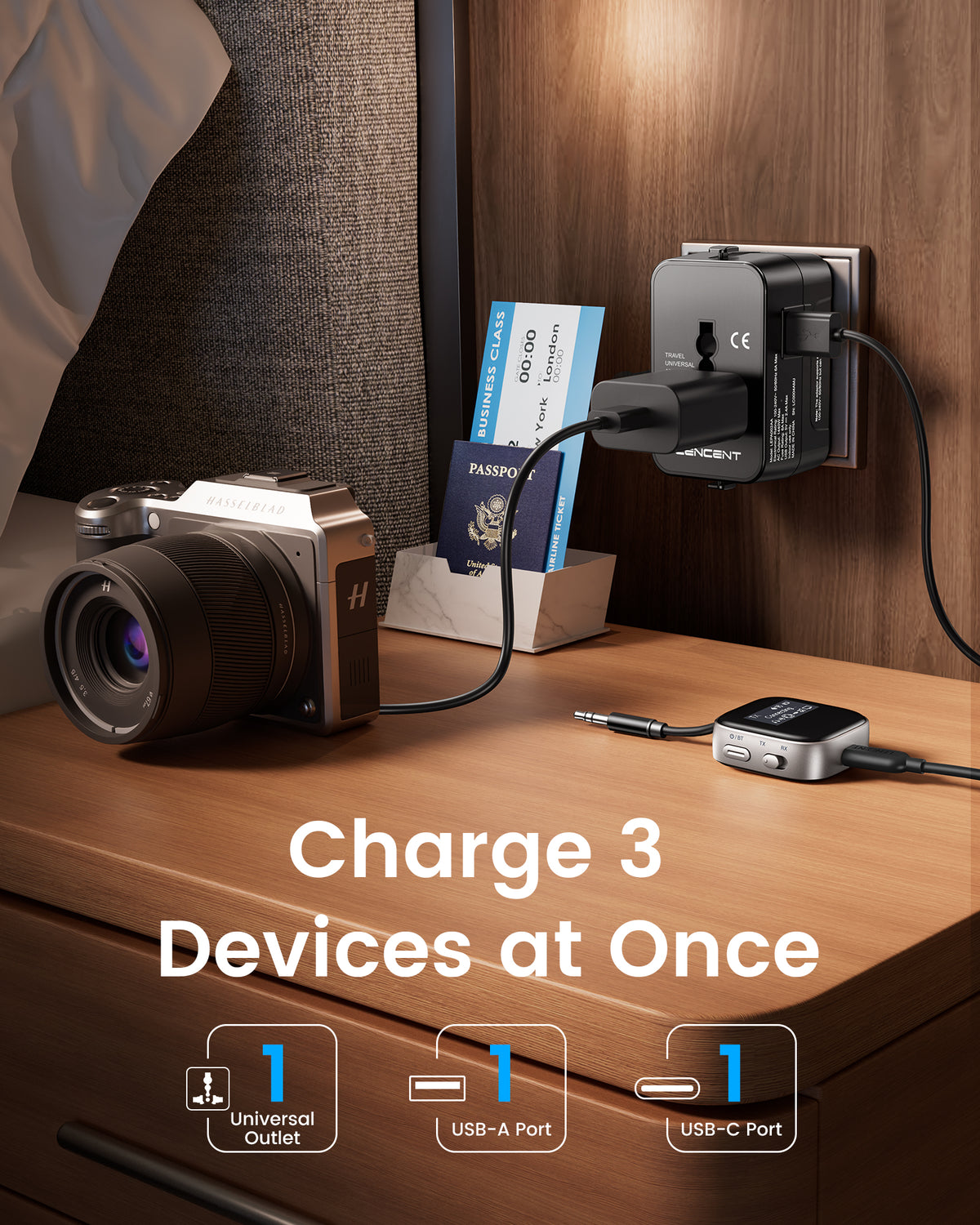 LENCENT Airplane Adapter Bluetooth 5.3 Transmitter & Receiver + Universal Travel Power Adapter with USB-A USB-C Port