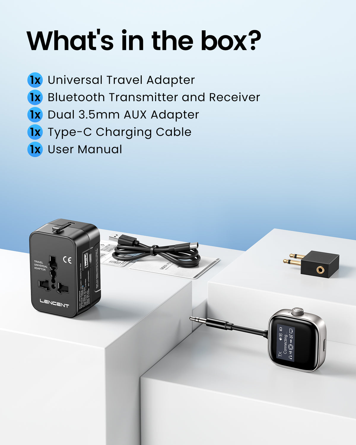 LENCENT Airplane Adapter Bluetooth 5.3 Transmitter & Receiver + Universal Travel Power Adapter with USB-A USB-C Port