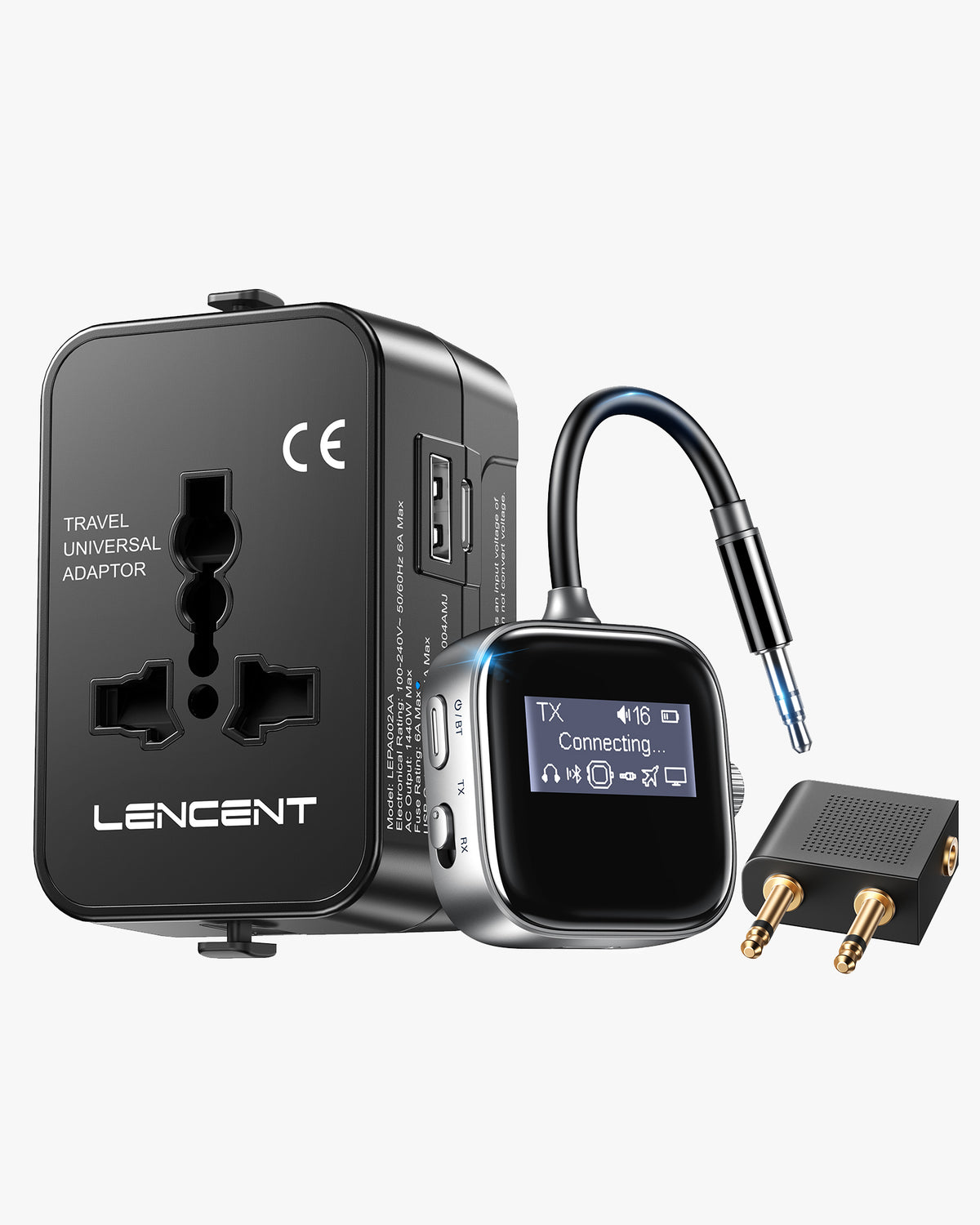 LENCENT Airplane Adapter Bluetooth 5.3 Transmitter & Receiver + Universal Travel Power Adapter with USB-A USB-C Port