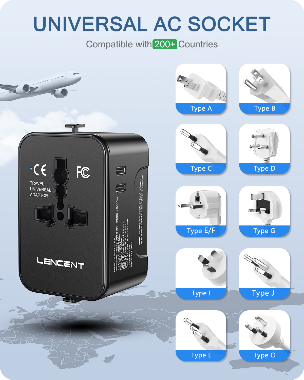 LENCENT PA002 1A2C International Travel Adapter Black with 4 Integrated Plugs