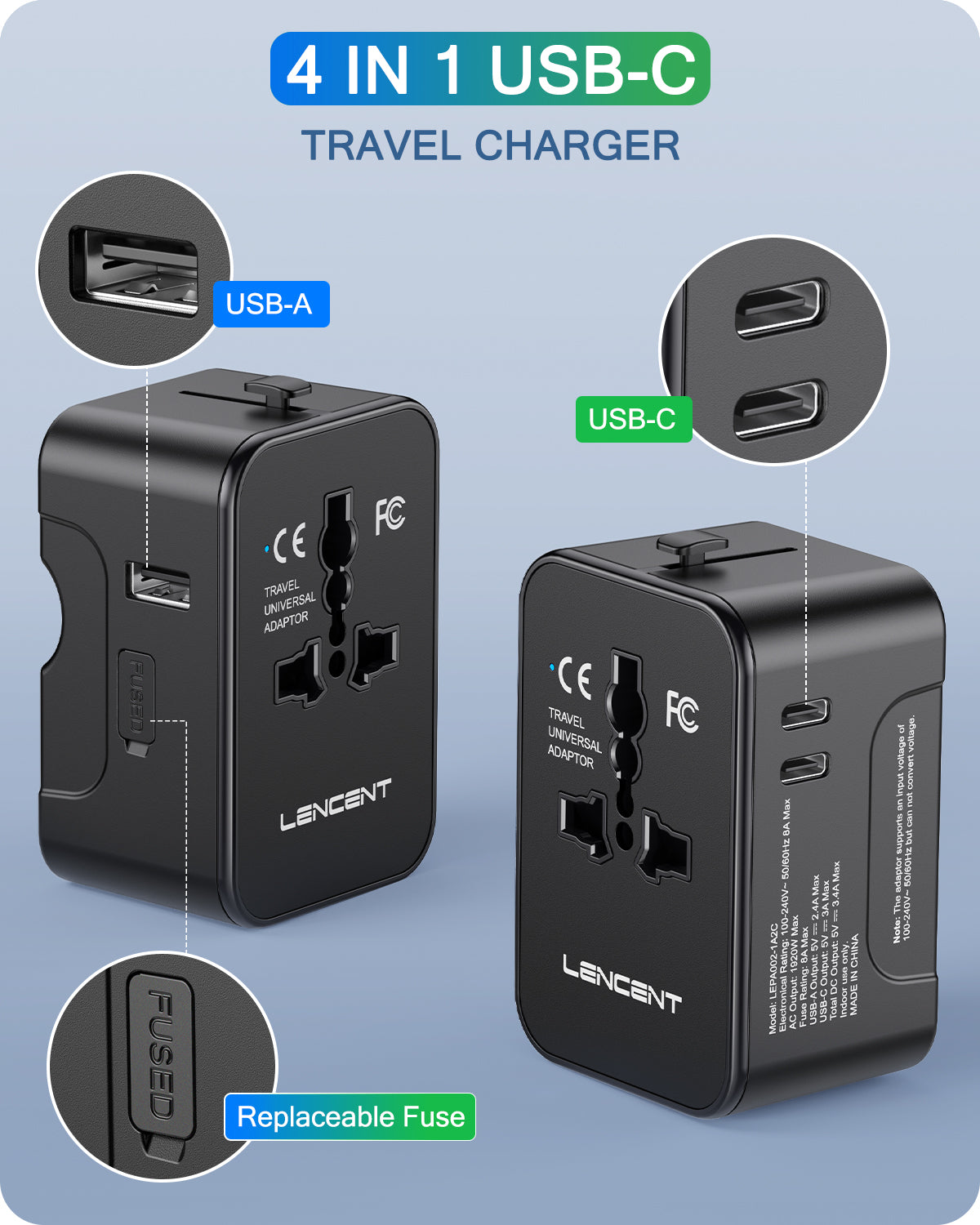 LENCENT PA002 1A2C International Travel Adapter Black with 4 Integrated Plugs
