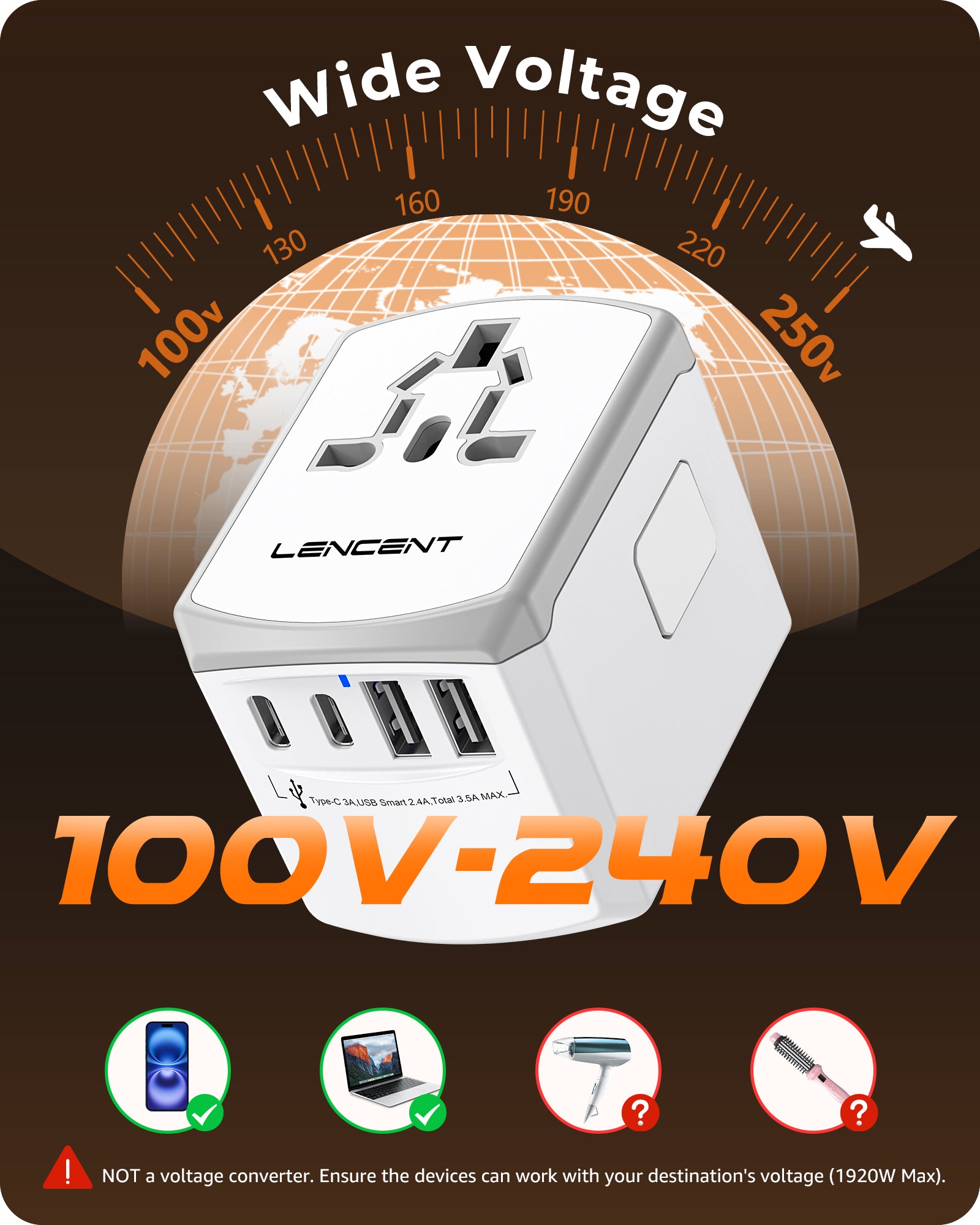 LENCENT Universal Travel Power Adapter, International AC Plug Adaptor