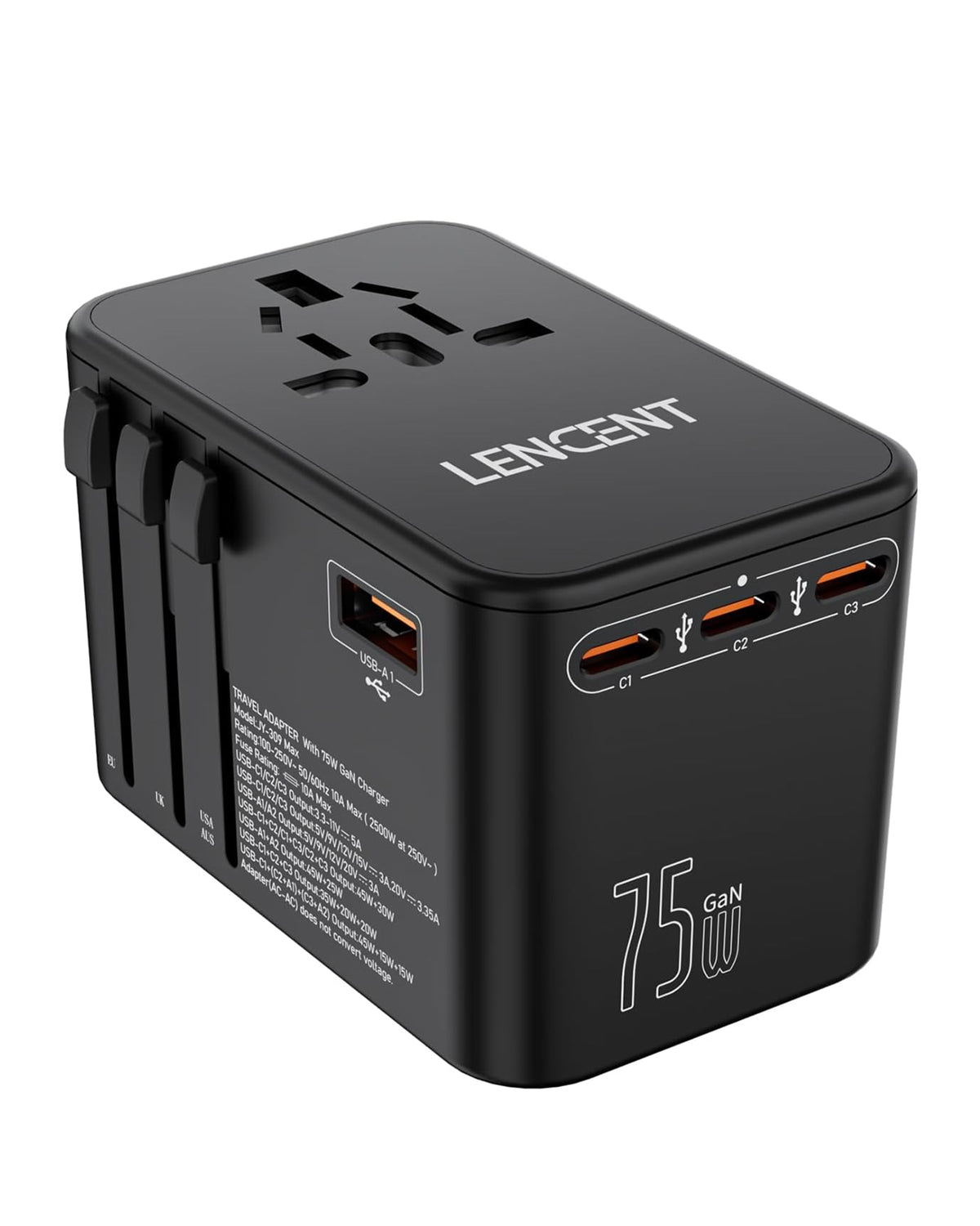 LENCENT PA047B 75W Universal Travel Adapter, GaN International Fast Charger with 3 PD3.0 Type C+2 QC USB A
