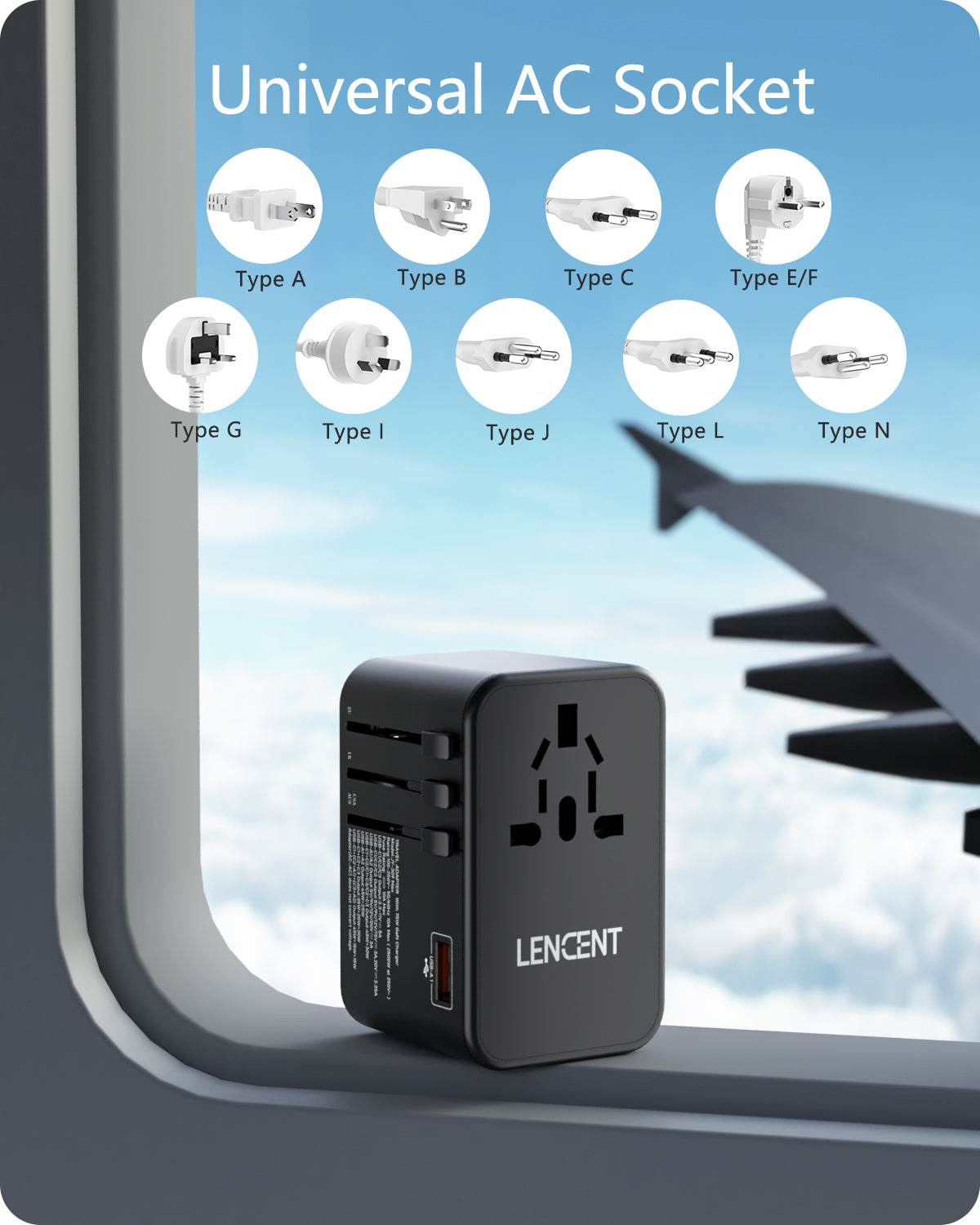 LENCENT PA047B 75W Universal Travel Adapter, GaN International Fast Charger with 3 PD3.0 Type C+2 QC USB A