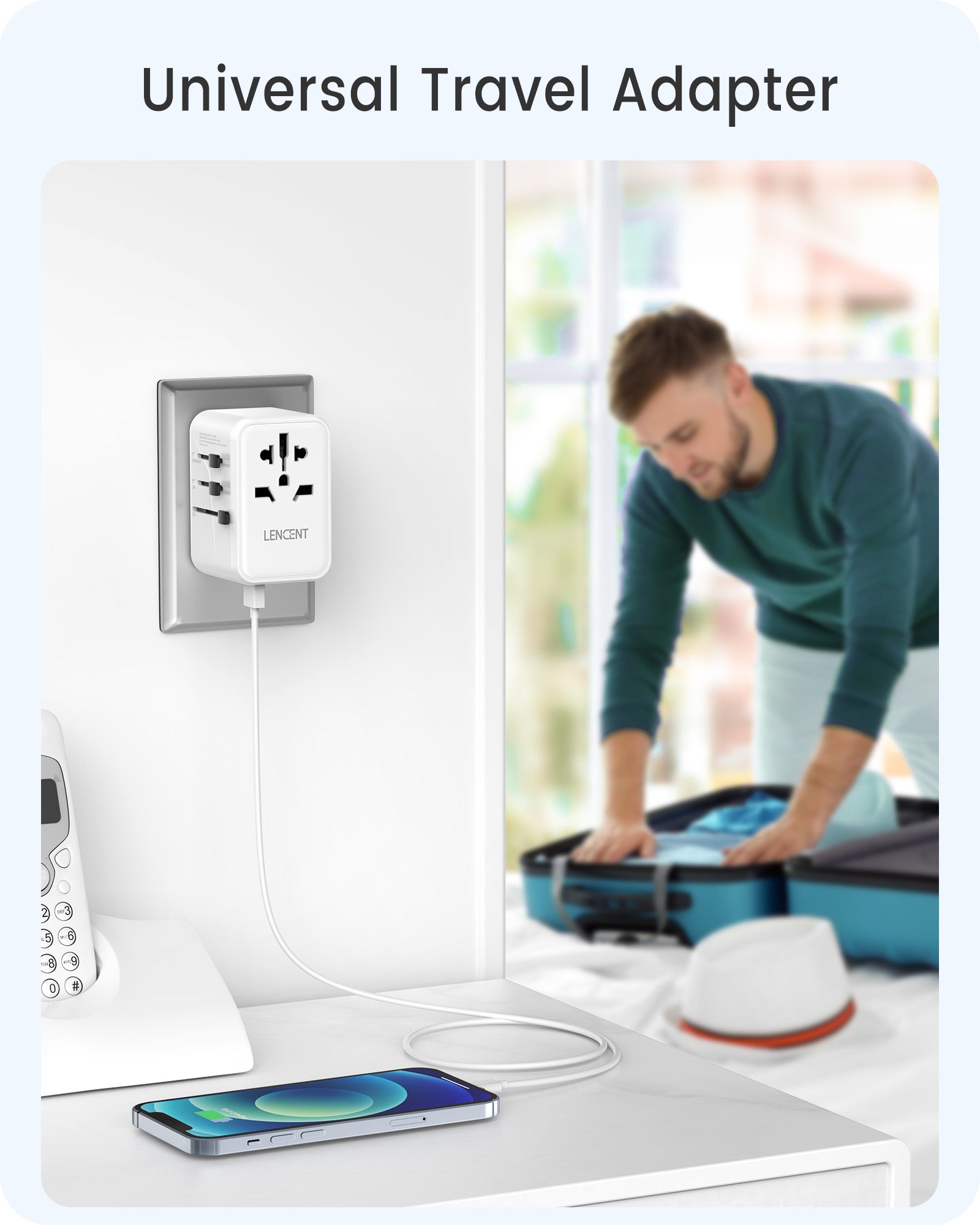 LENCENT Universal Travel Adapter, GaN III 65W International Charger, White