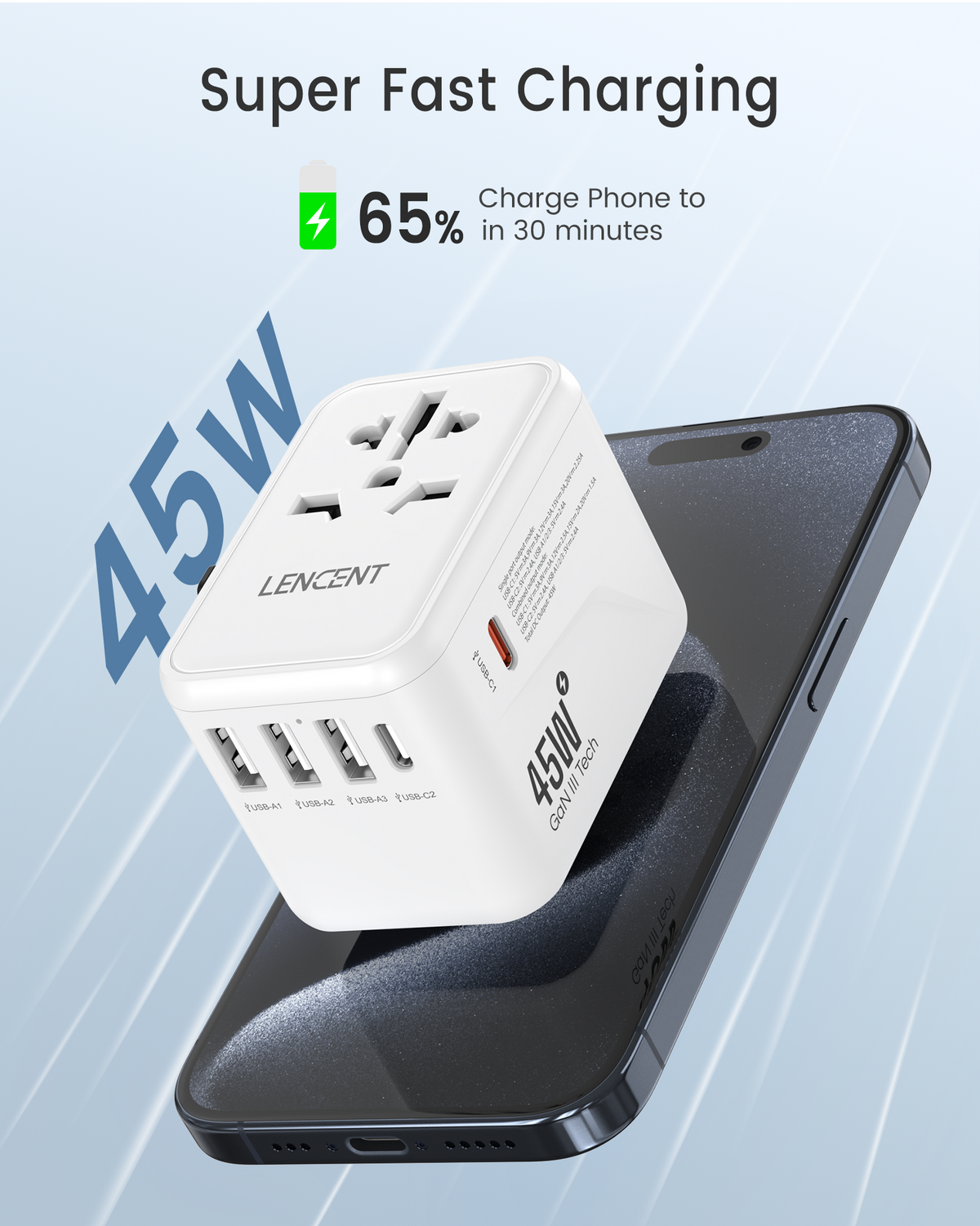 LENCENT PA048W 45W Adapter Plug Universal GAN III, International Charger