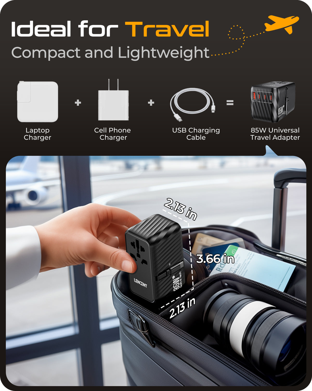 LENCENT PA058B 85W Cord Universal Travel Adapter with Retractable USB C Cable, GaN
