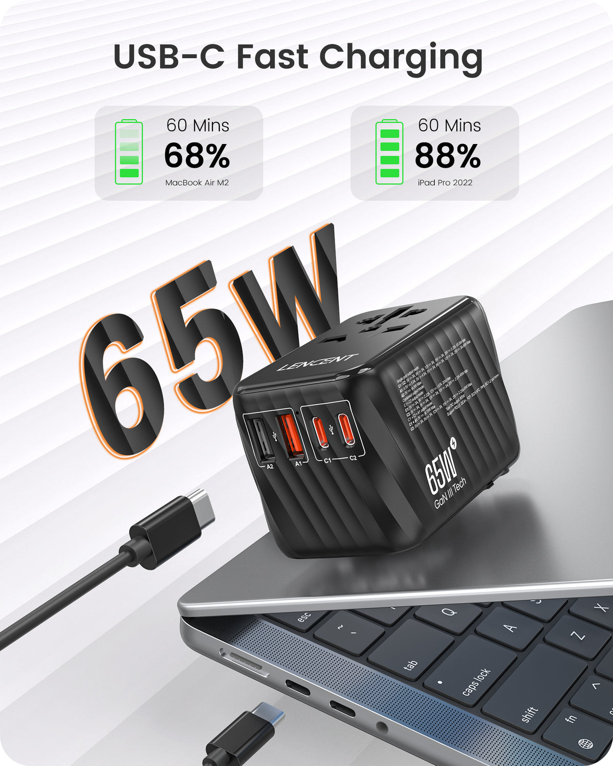 LENCENT PA058B QD65W Universal Travel Power Adapter, International AC Plug Adaptor