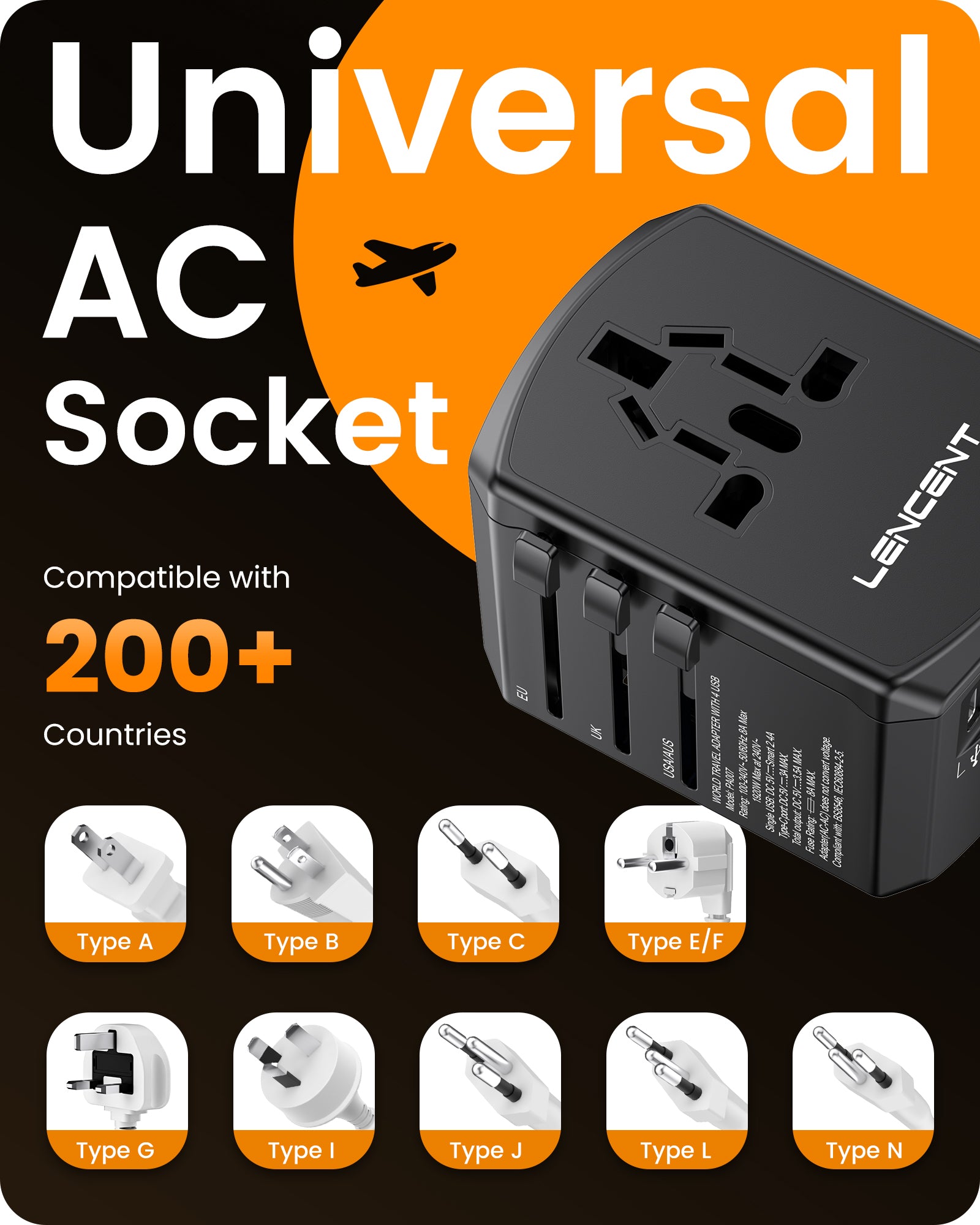 LENCENT PA007B 2A2C Universal Travel Power Adapter, International Plug Adaptor