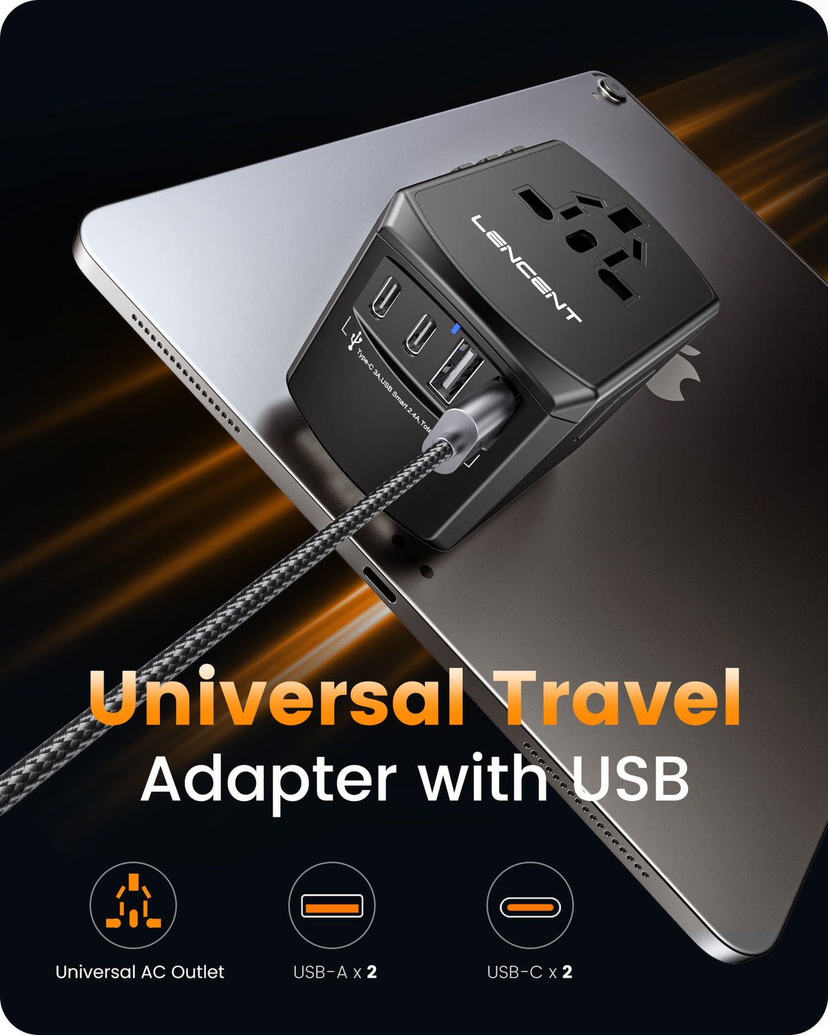 LENCENT PA007B 2A2C Universal Travel Power Adapter, International Plug Adaptor