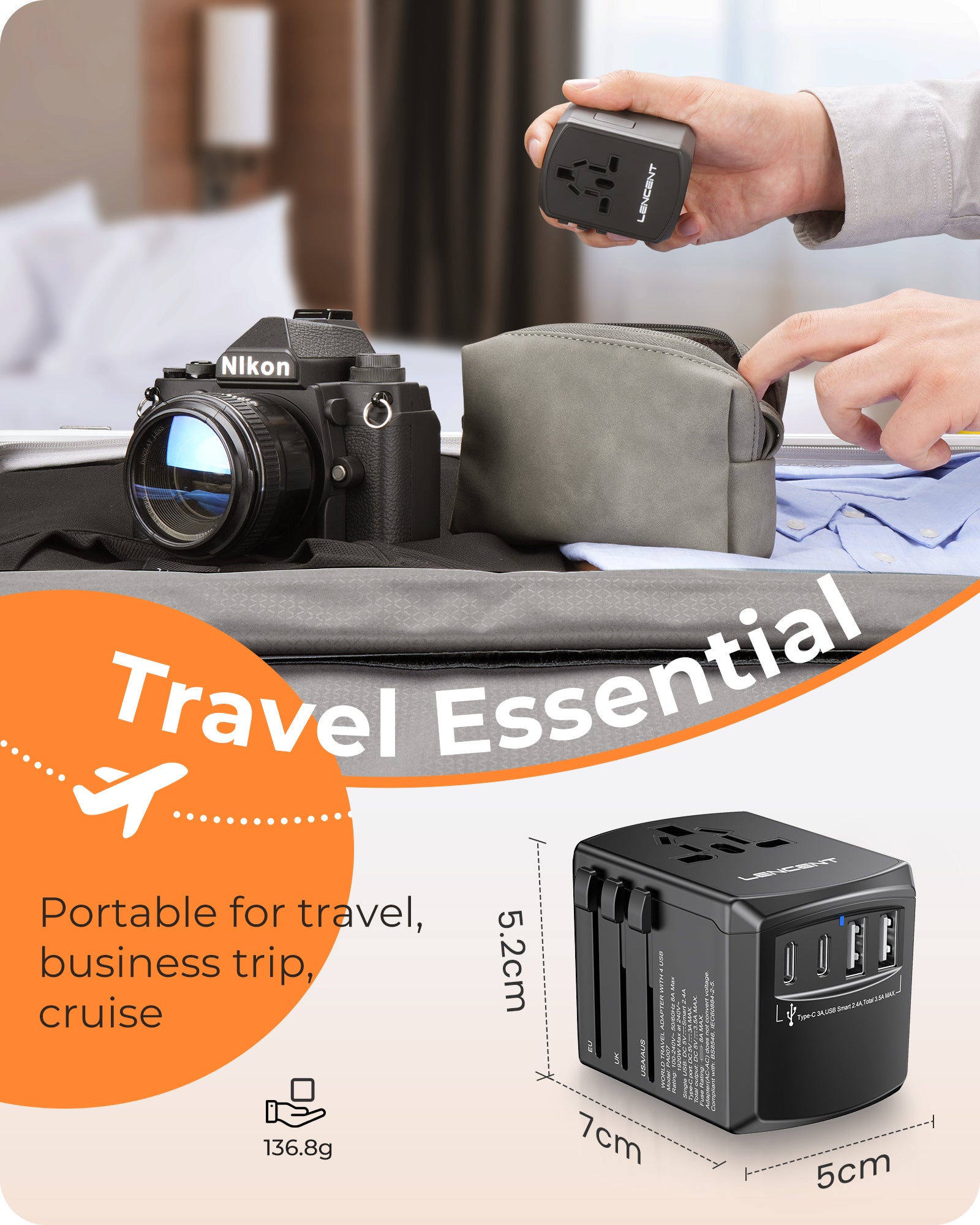 LENCENT PA007B 2A2C Universal Travel Power Adapter, International Plug Adaptor
