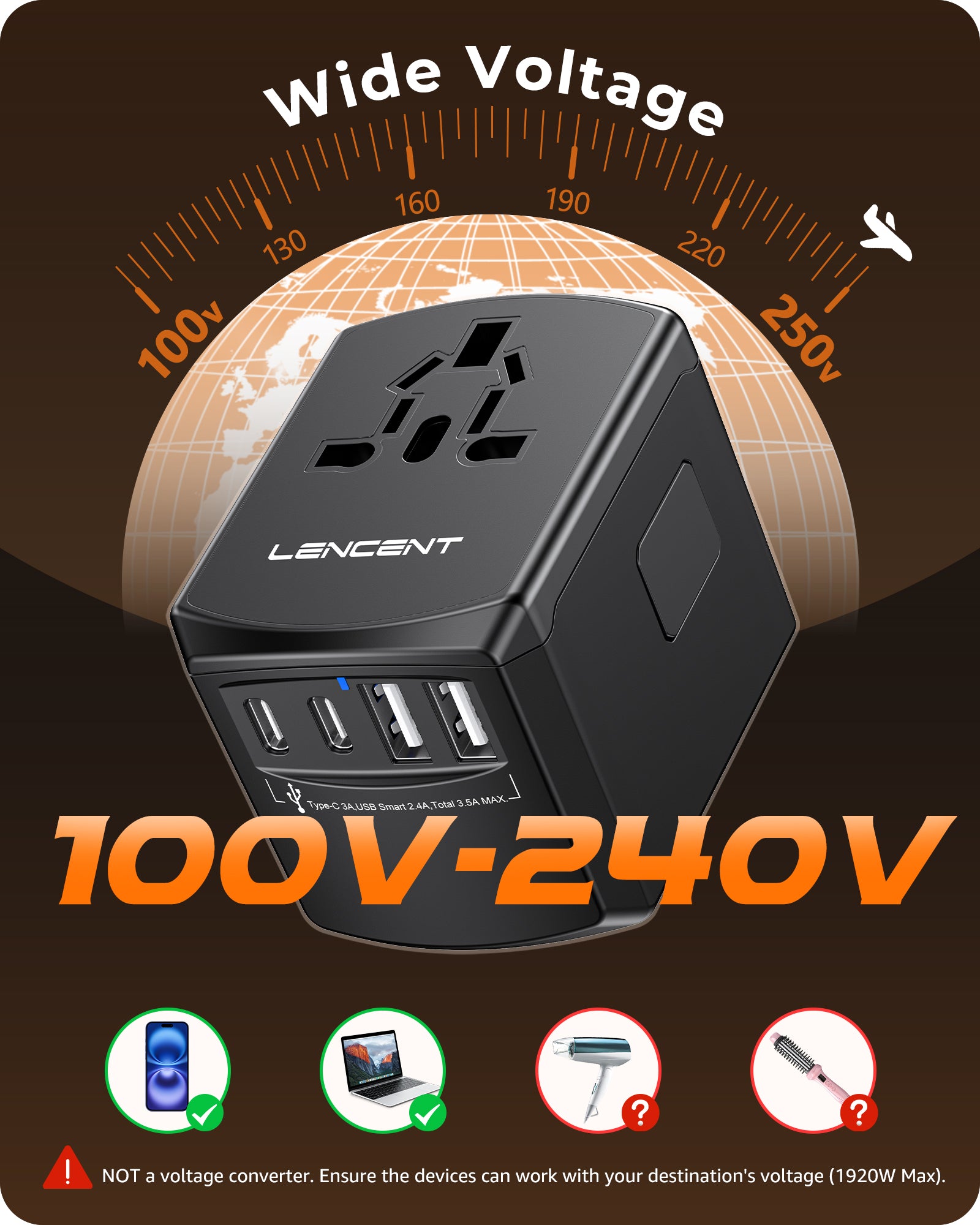 LENCENT PA007B 2A2C Universal Travel Power Adapter, International Plug Adaptor