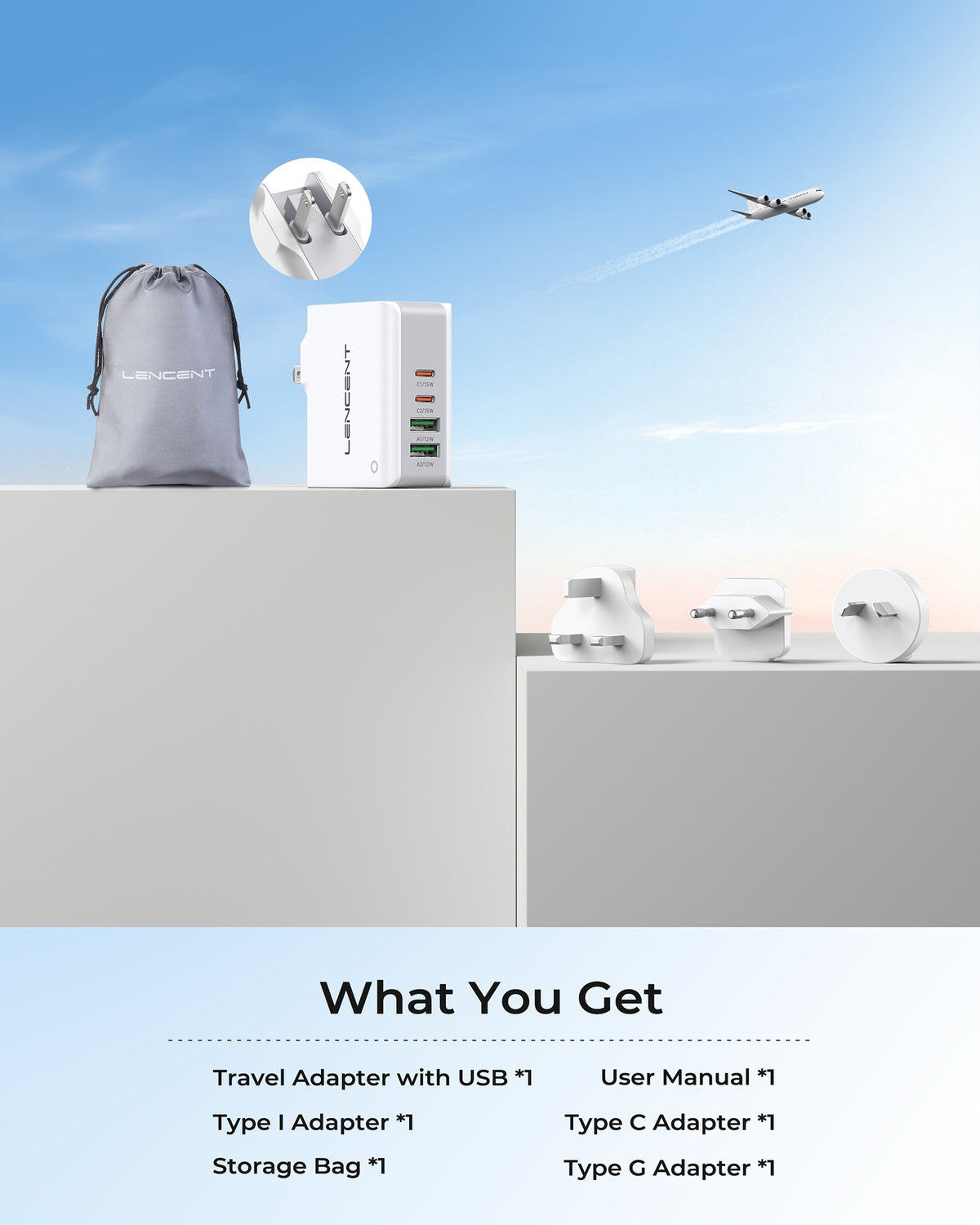 LENCENT PA001 2A2C Multiport International USB Wall Charger, 4 Port European Adapter