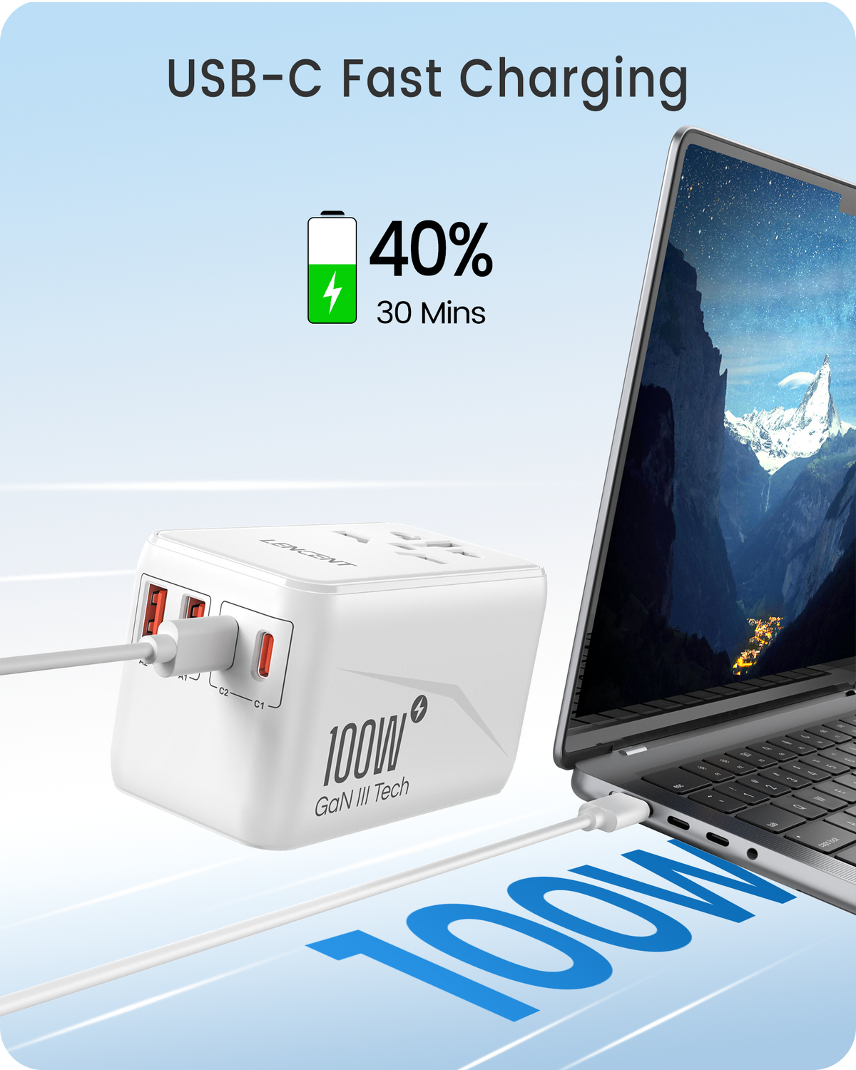 LENCENT PA048W 100W Universal Travel Adapter, GaN Ⅲ International Adaptor