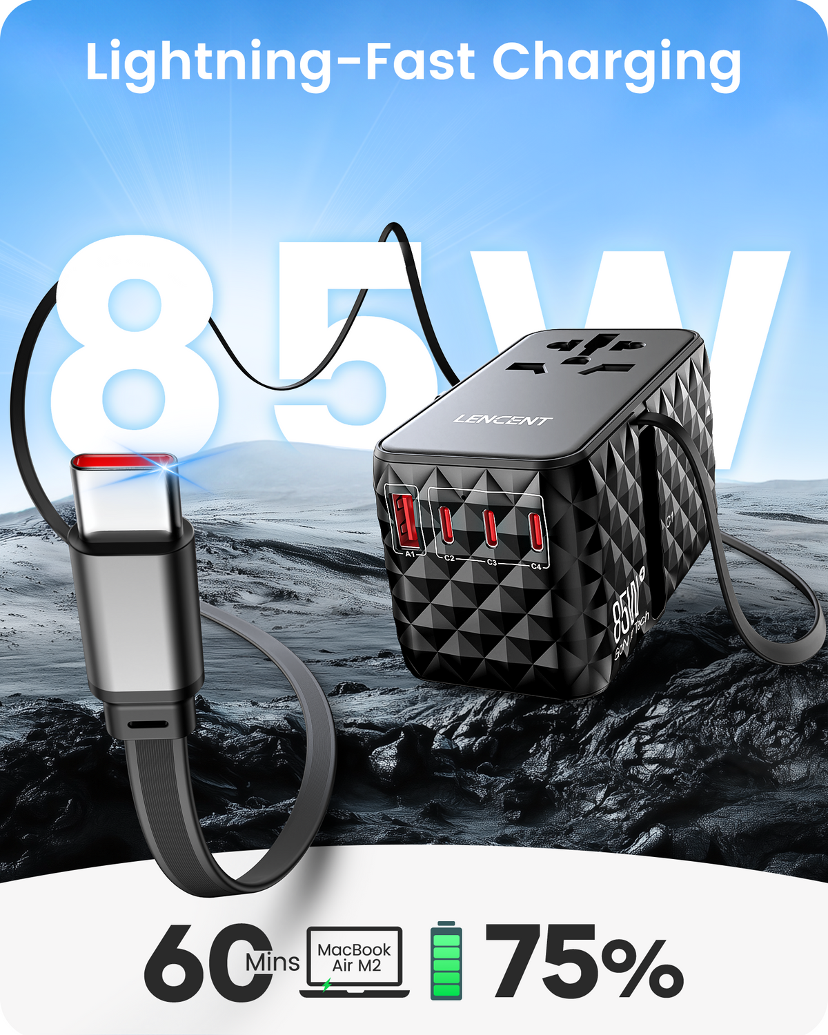 LENCENT PA055B 85W Cord Universal Travel Power Adapter with Retractable USB C Cable