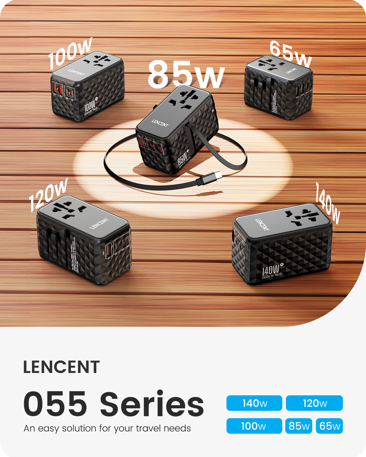 LENCENT PA055B 85W Cord Universal Travel Power Adapter with Retractable USB C Cable