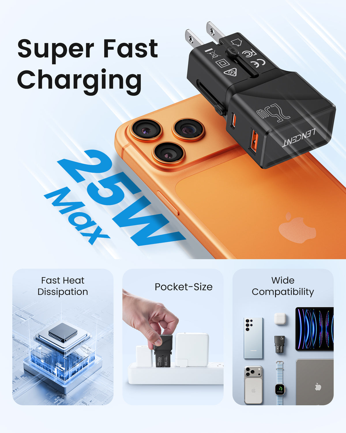 Lencent PA020 1A1C PD25W Cruise Ship Essentials, Cruise Approved Adapter with USB C Fast Charger