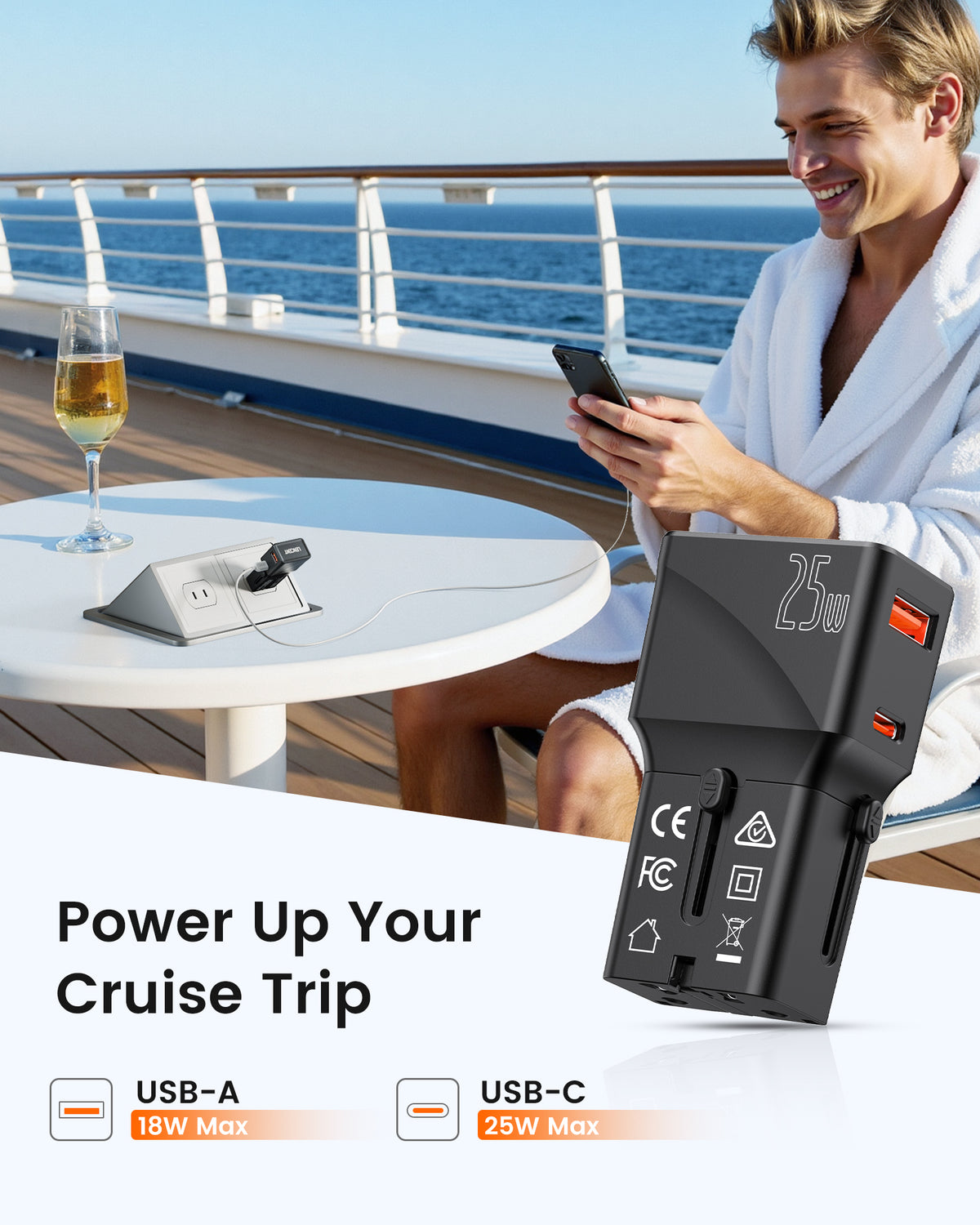 Lencent PA020 1A1C PD25W Cruise Ship Essentials, Cruise Approved Adapter with USB C Fast Charger